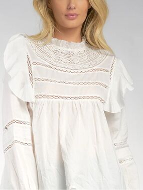 Elan White Lace-Trim Ruffle Yoke Blouse